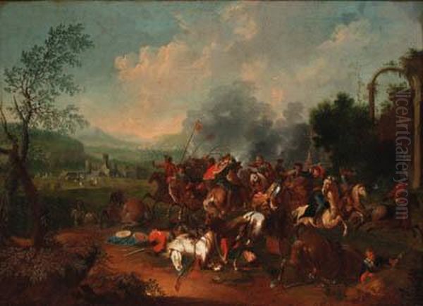 A Cavalry Skirmish Near A Castle Oil Painting by Georg Phillip Rugendas II