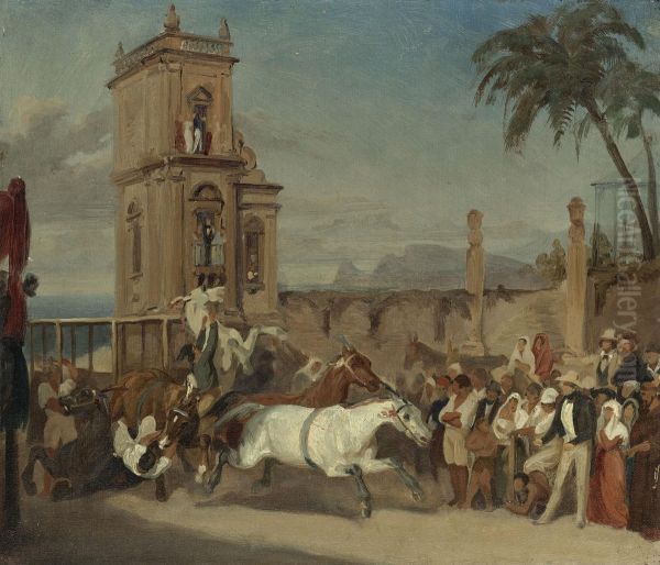 Horses Rearing Oil Painting by Johann Moritz Rugendas