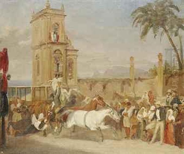 Wild Horses Rearing At The Start Of A Race In A Mexican Plaza Oil Painting by Johann Moritz Rugendas