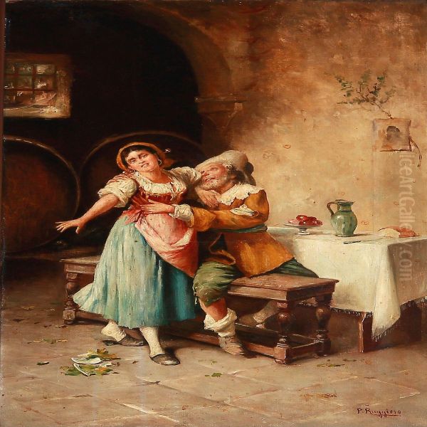 Inn Interior With A Merry Man Oil Painting by Pasquale Ruggiero