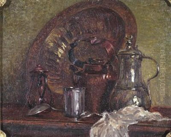 Still Life Of Copper And Silver Dishes And Vessels On A Table Oil Painting by G. Ruguet