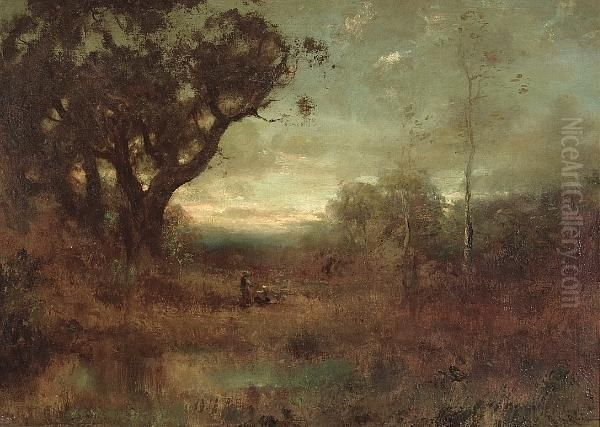 Figures Near A Pond At Dusk Oil Painting by Benigino Yamero Ruiz