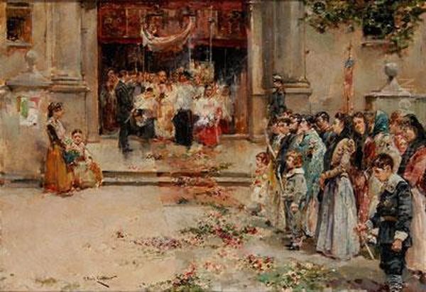 Salida De La Procesion De La Iglesia Oil Painting by Manuel Ruiz Guerrero