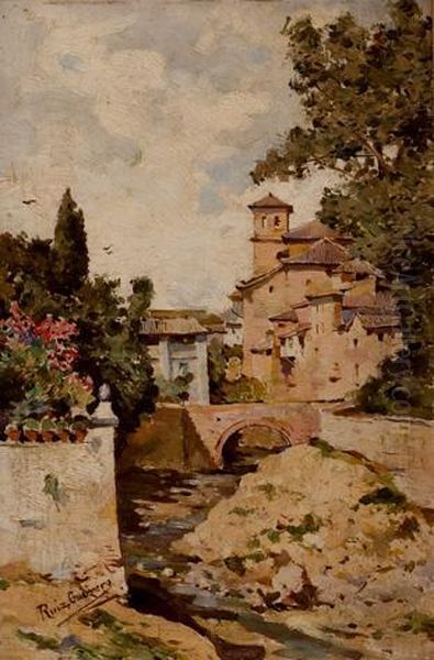 Acera Del Darro Con La Iglesia De San Pedro Y San Pablo, Granada Oil Painting by Manuel Ruiz Guerrero