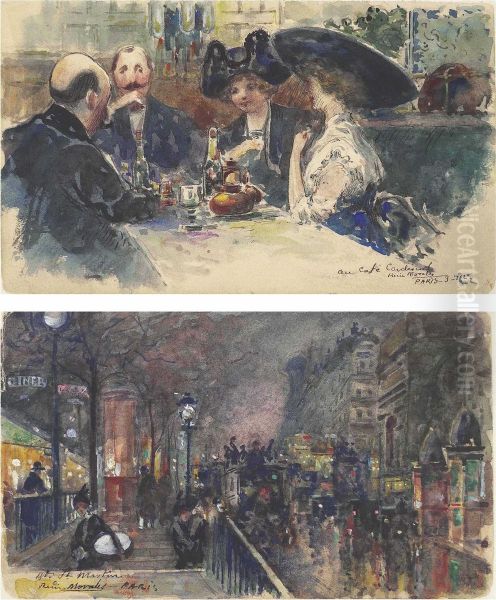 View Of The Boulevard Saint-martin; And At The Cafe Cardinal Oil Painting by Manuel Bernardino Ruiz Sanchez Morales