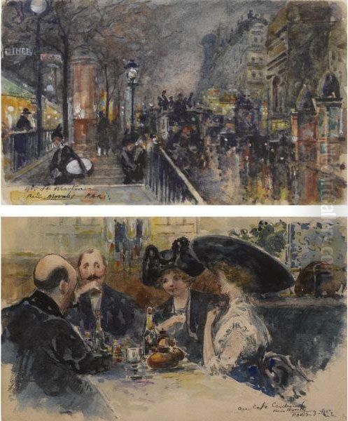 Boulevard St. Martin; Au Cafe: A Pair Of Sketchbook Pages Oil Painting by Manuel Bernardino Ruiz Sanchez Morales