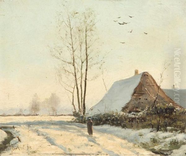 Woman Near A Farmhouse In Winter. Oil Painting by Henry Rul