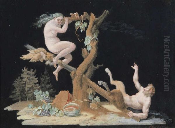 Bacchanale Scene Met Sater En Naakt Op De Wip, Stilleven Op De Voorgrond Oil Painting by Ludwig Rullmann