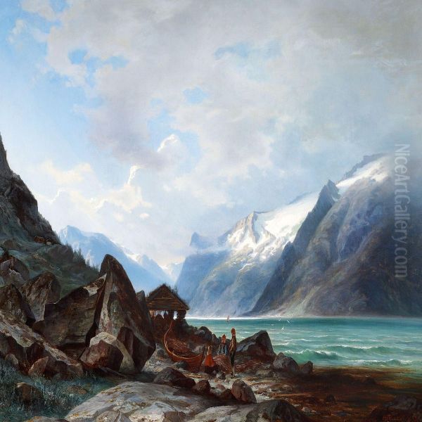 Norwegian Fiord With Fishermen Near Their Boats Oil Painting by Christian Rummelhoff