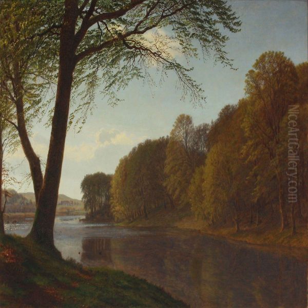 Forest Scenery With Aquiet Lake Oil Painting by Gotfred Rump