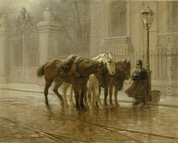 A Horse Keeper And Three Tramway Horses Oil Painting by Emil Rumpf