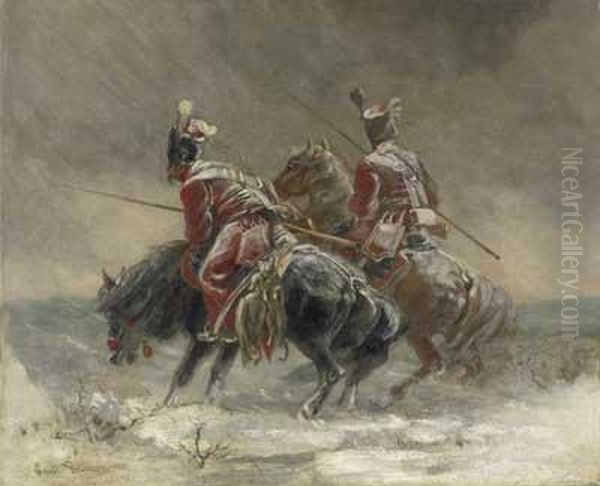 Berittene Wachposten Im Wintersturm Oil Painting by Emil Rumpf