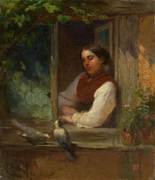 Christine Rumpf Am Fenster Mit Zwei Tauben Oil Painting by Peter Philipp Rumpf