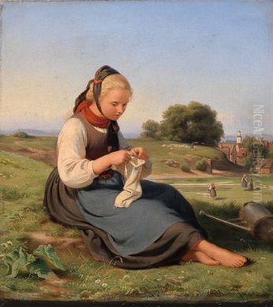 Madchen Mit Handarbeit Vor Einem Weiten Landschaftshintergrund Oil Painting by Peter Philipp Rumpf