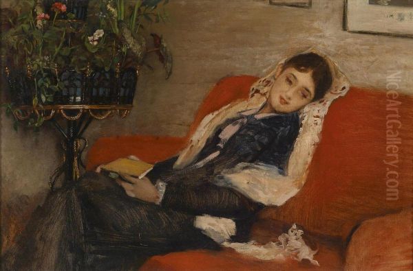 Young Womanrelaxing With Kitten Oil Painting by Franz Rumpler