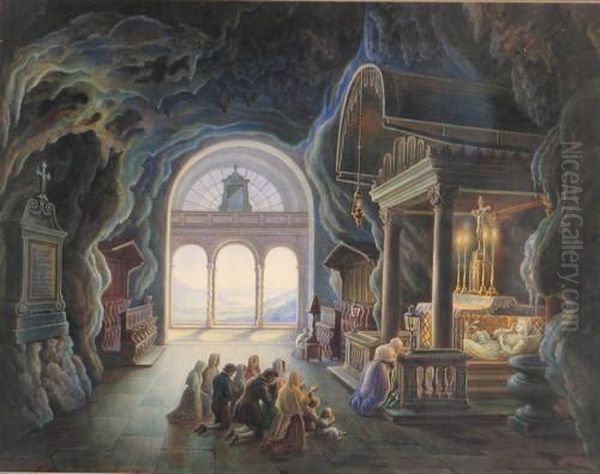 Ansicht Der Rosalien 
Kapelle Bei Palermo Mit Zahlreichen Betenden Personen Oil Painting by Carl Ludwig Rundt