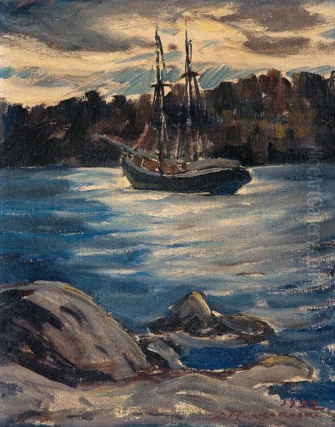 At Anchor In A Deserted Creek Oil Painting by Jalmari Ruokokoski