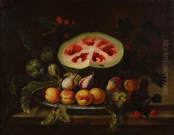 A Still Life With Watermelon And Peaches Oil Painting by Giovan Battista Ruoppolo