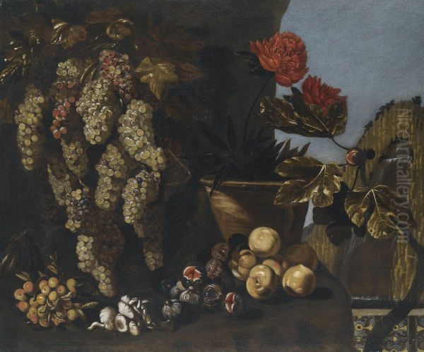 Still Life With Hanging Grapes On The Vine, Figs And Fungi In A Garden Setting by Giovan Battista Ruoppolo