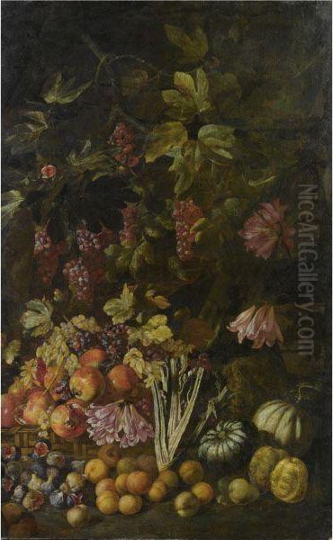 Natura Morta Di Fiori E Frutta Oil Painting by Giovan Battista Ruoppolo