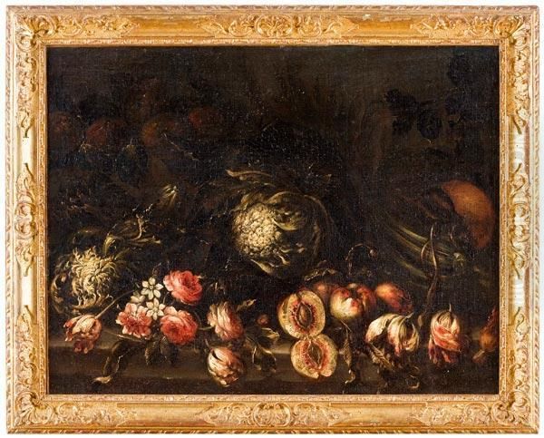 Natura Morta Di Ortaggi, Frutta E Fiori Oil Painting by Giovan Battista Ruoppolo