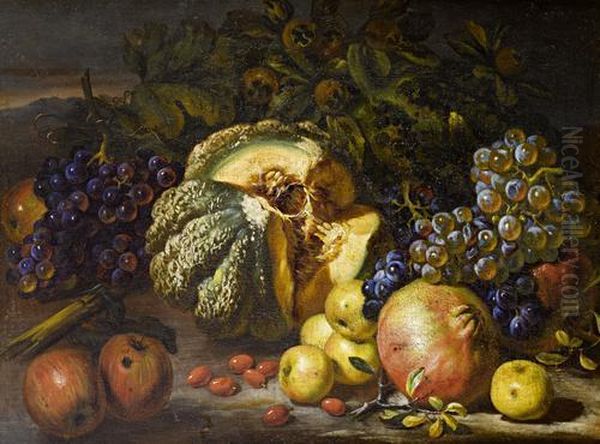 A Still Life Of Grapes, A Melon, Pomegranatesand Apples Oil Painting by Giovanni Battista Ruoppolo