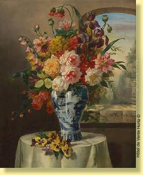 Vase De Delft Fleuri Devant Une Fenetre Oil Painting by Charles Euphrasie Ruperti