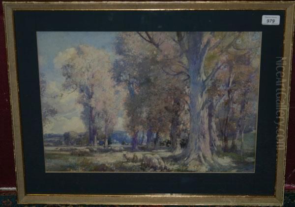 Landscape Study With Sheep Grazing Among Trees Oil Painting by George Robert Rushton