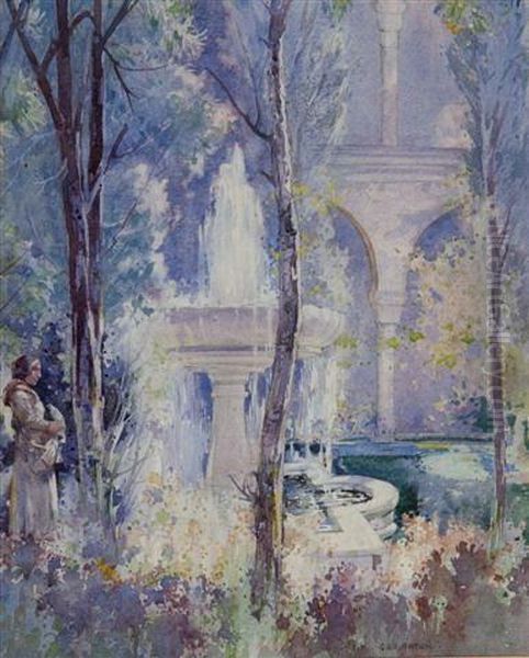 Figure In A Garden Standing Beside A Fountain Oil Painting by George Robert Rushton