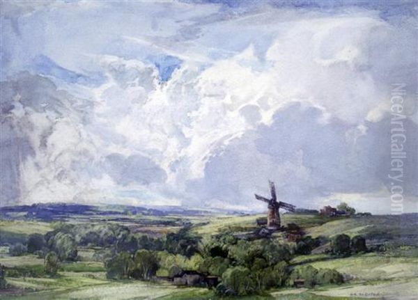 Windmill In A Landscape Oil Painting by George Robert Rushton