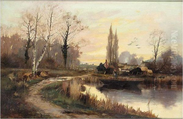 River Landscape Oil Painting by William Charles Rushton