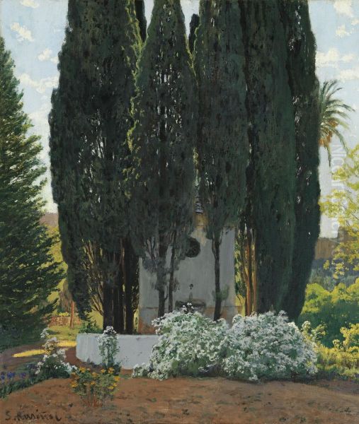 La Fuente De Los Cipreses (the Cypress Fountain) Oil Painting by Santiago Rusinol i Prats