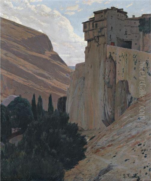 Casas Colgantes, Cuenca (the Hanging Houses, Cuenca) Oil Painting by Santiago Rusinol i Prats