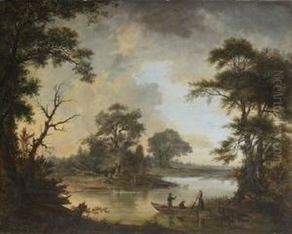 Flusslandschaft Mit
 Anglern. Oil Painting by Franciszek Ruskiewicz