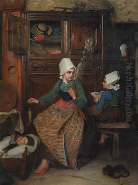 Children In An Interior Oil Painting by Edwin Wensley Russel