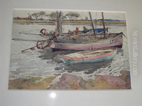 Fishing Boats At The River Bank, Possibly Lowestoft Oil Painting by Lilian Russell - Bell