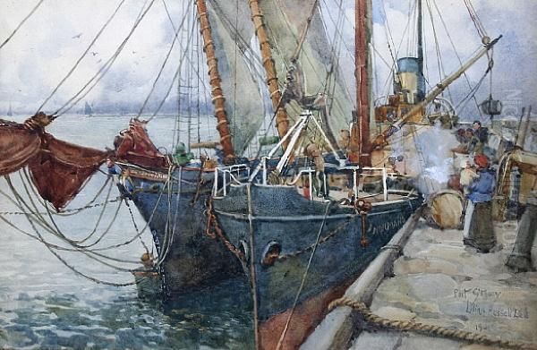 Trawlers In The Harbour, 'port St. Mary', Isle Of Man Oil Painting by Lilian Russell - Bell