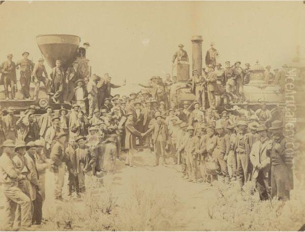 East Meets West, Shaking Hands At The Laying Of The Last Rail,promontory Point, Utah Oil Painting by Andrew Joseph Russell