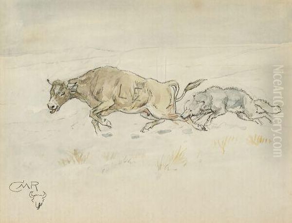 Wolf And Steer Oil Painting by Charles Marion Russell