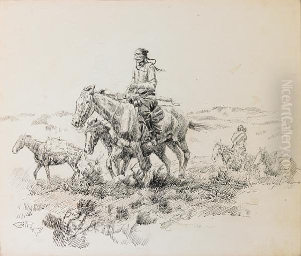 Indian On Horseback Traveling With A Squaw And Pack Horses Oil Painting by Charles Marion Russell