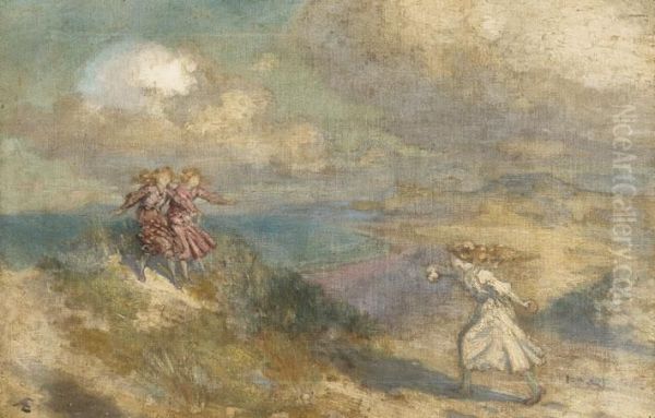 Three Girls Playing In The Sand Dunes Oil Painting by George William, A.E. Russell