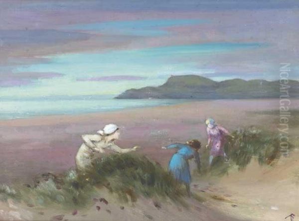 Three Children Playing In The Sanddunes Oil Painting by George William, A.E. Russell