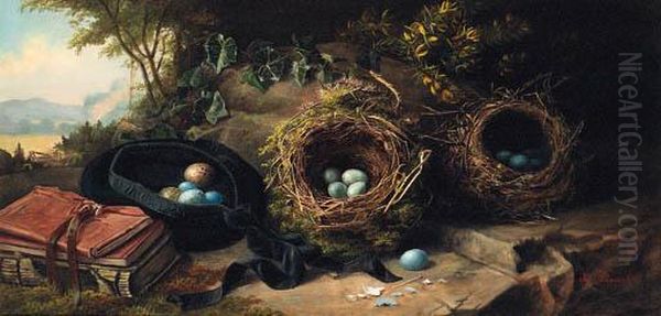 Books, A Tam O'shanter, Bird's Eggs And Nests, In A Highlandlandscape Oil Painting by James Russell Ryott