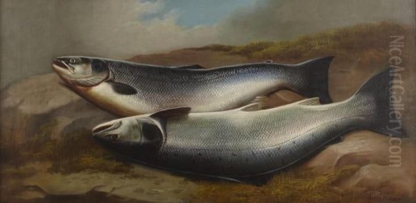 Salmon On A Riverbank Oil Painting by John Russell