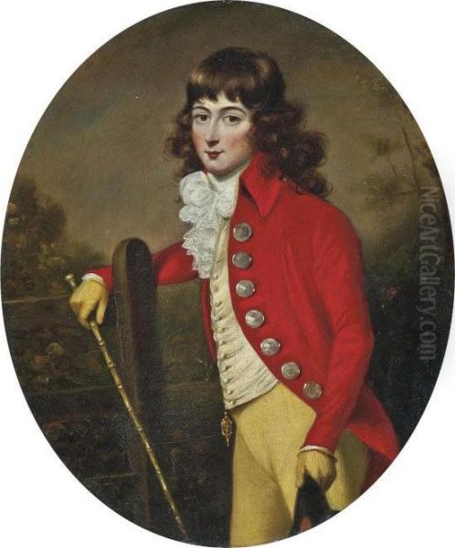 Portrait Of A Gentleman, Three-quarter-length, In A Scarlet Coat And Yellow Breeches, A Cane In His Right Hand, A Hat In His Left, In A Landscape Oil Painting by John Russell