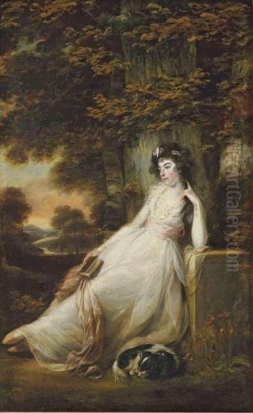 Portrait Of Miss S.d. Chambers, Full-length, In A White Dress, Seated With A Dog, In A River Landscape Oil Painting by John Russell