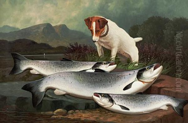 Terrier And Three Salmon Oil Painting by John Russell