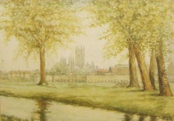 View Across River To Canterbury Cathedral Oil Painting by Moses B. Russell