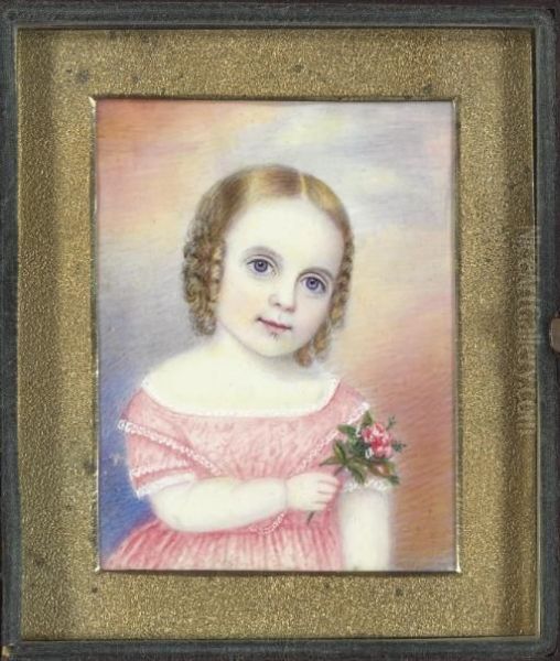 A Miniature Portrait Of A Young Girl In Pink Holding A Spray Of Pinks Oil Painting by Moses B. Russell