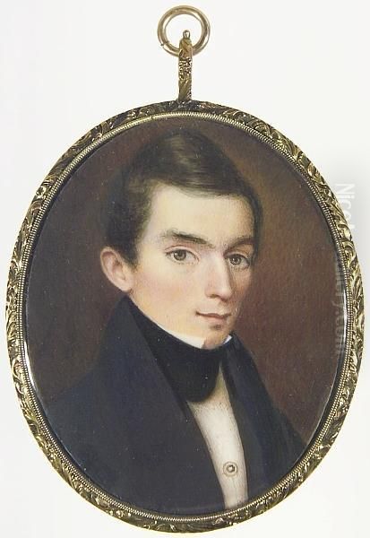 A Young Gentleman, Wearing Black Coat, White Chemise Held With Stickpin And Black Stock. Oil Painting by Moses B. Russell